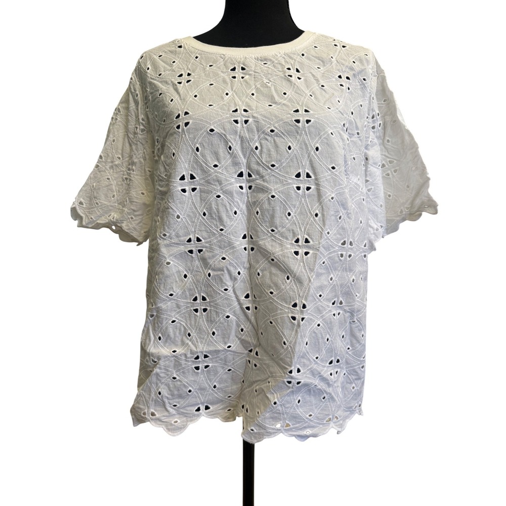 Who What Wear Womens White Eyelet Embroidered Short Sleeve Scallop Hem Top XL